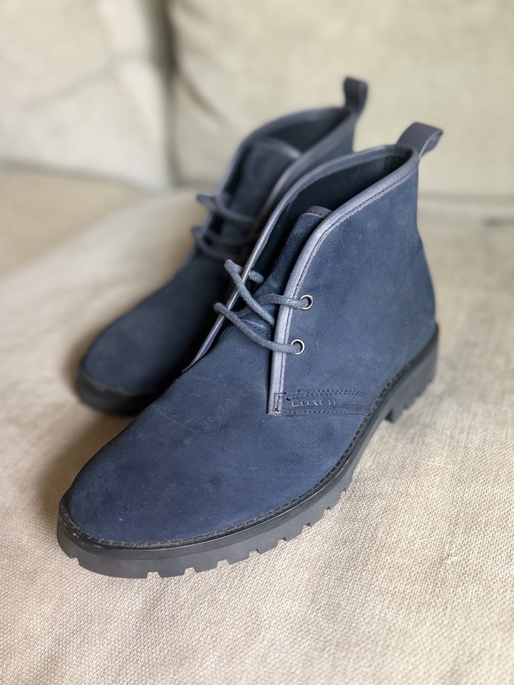 Coach Men's Navy Suede Chukka Boots with Lug Sole